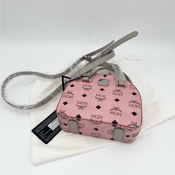 MCM New Mini Half Moon Top Handle Satchel Purse Soft Pink Logo Crossbody Bag - Picture 14 of 16